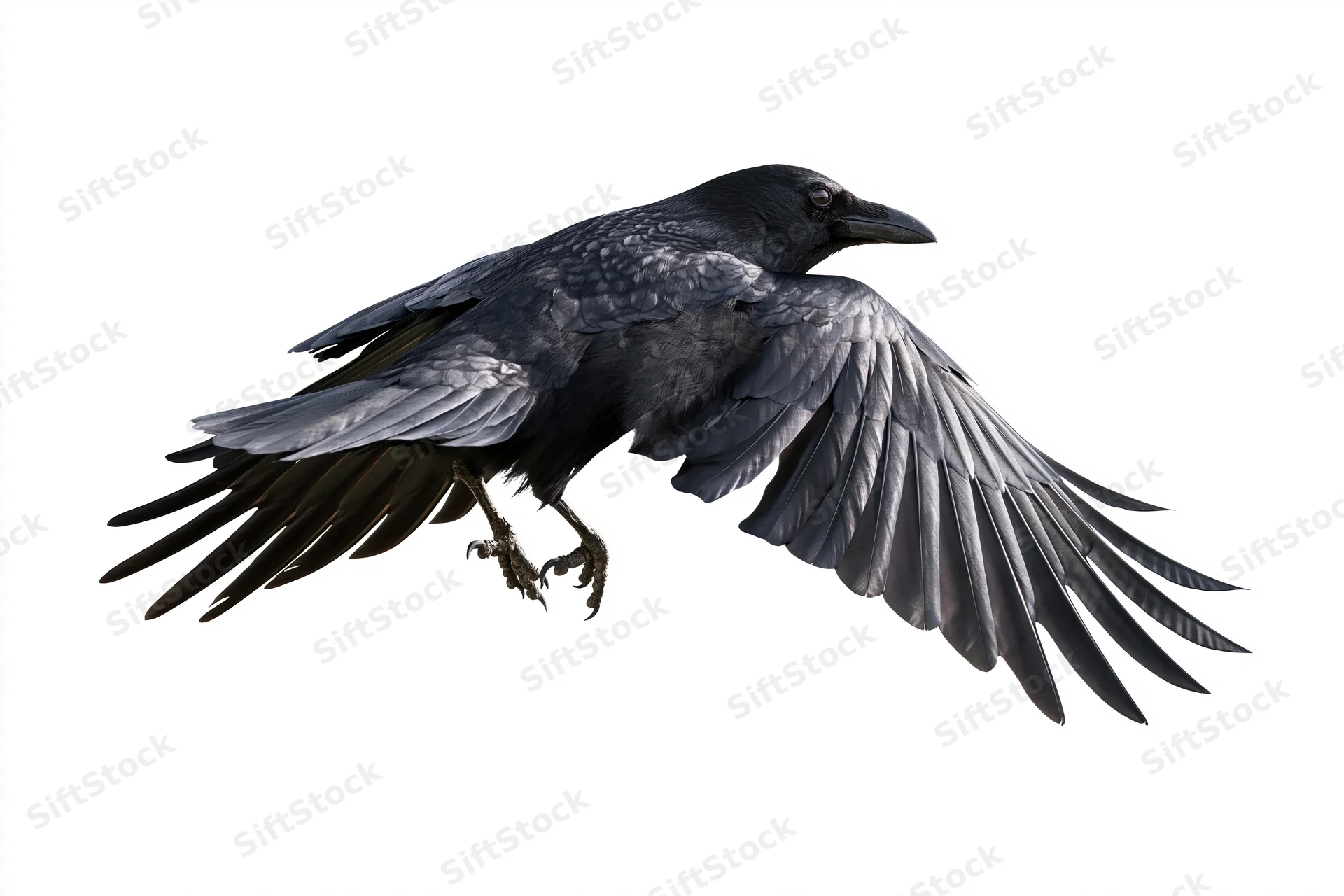 Black crow in mid-flight with wings fully spread and talons extended
