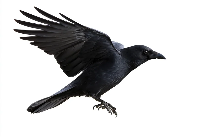 Black crow in mid-flight with wings fully spread and talons extended against white background