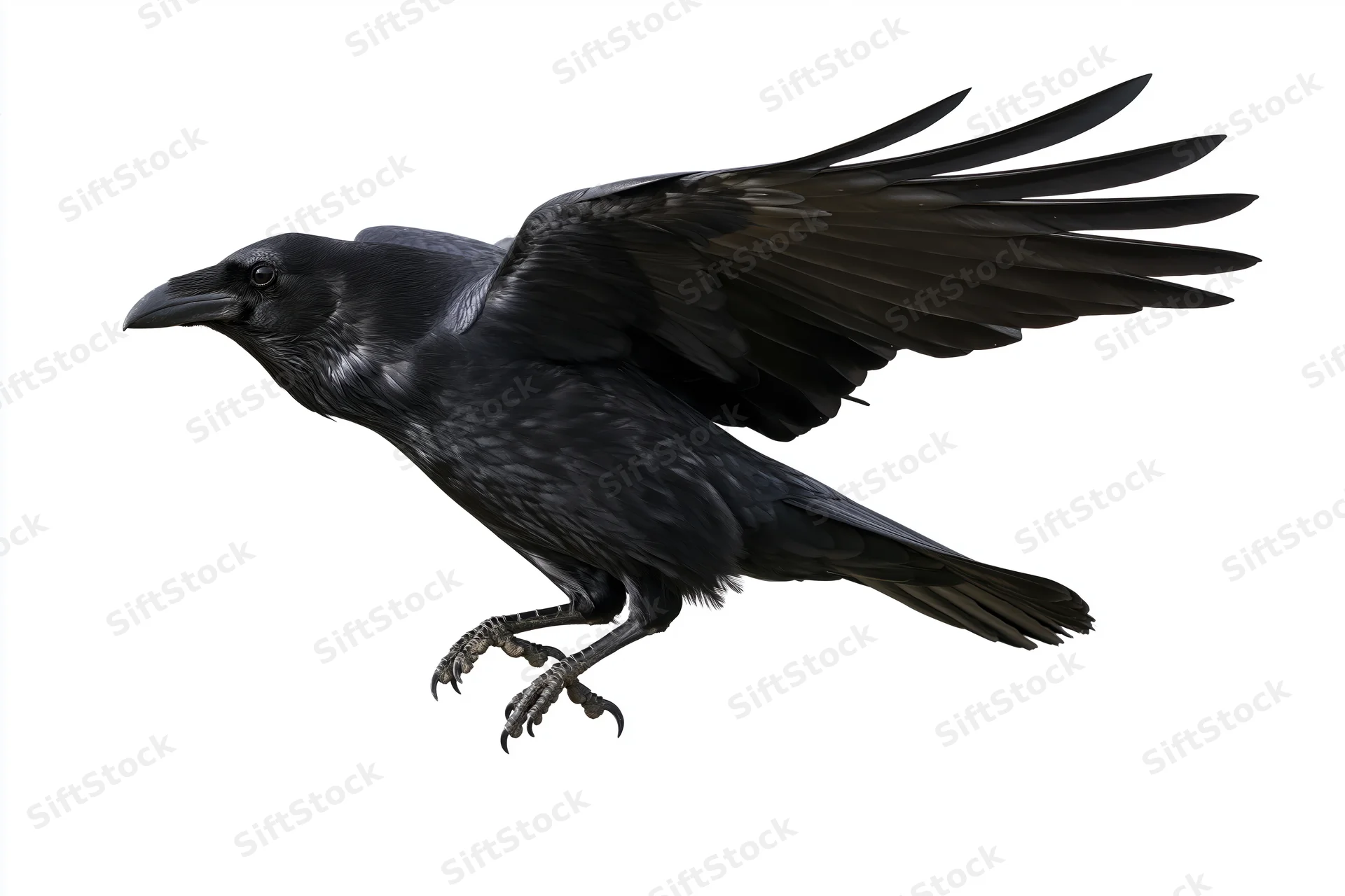 Black crow in mid-flight with wings fully spread and talons extended against white background