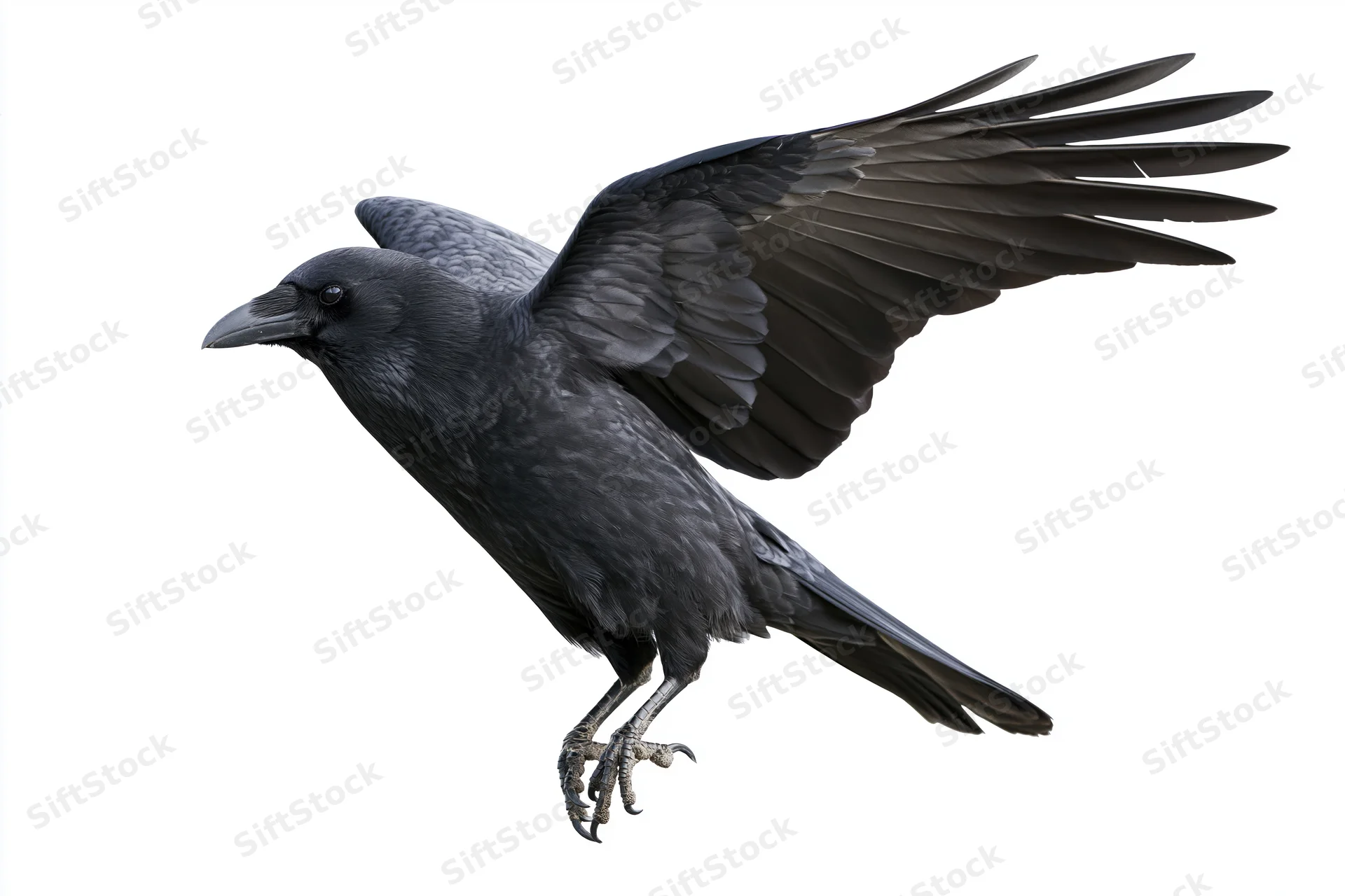 Black crow in mid-flight with wings fully spread and talons extended against white background