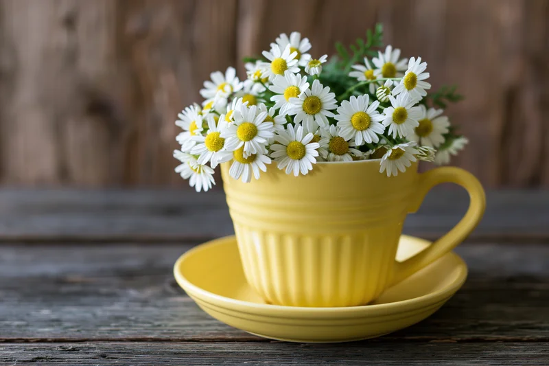 Yellow ceramic mug filled with chamomile flowers on wooden table