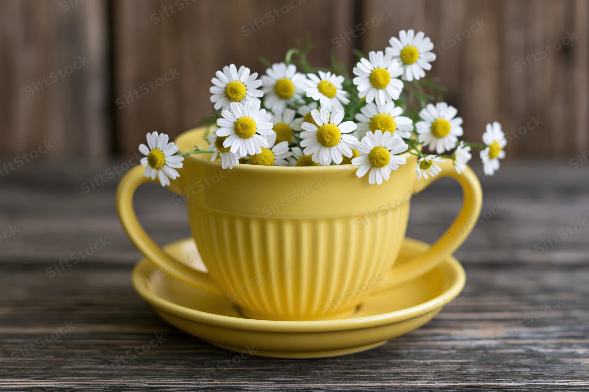 Yellow ceramic cup and saucer filled with chamomile flowers on wooden table