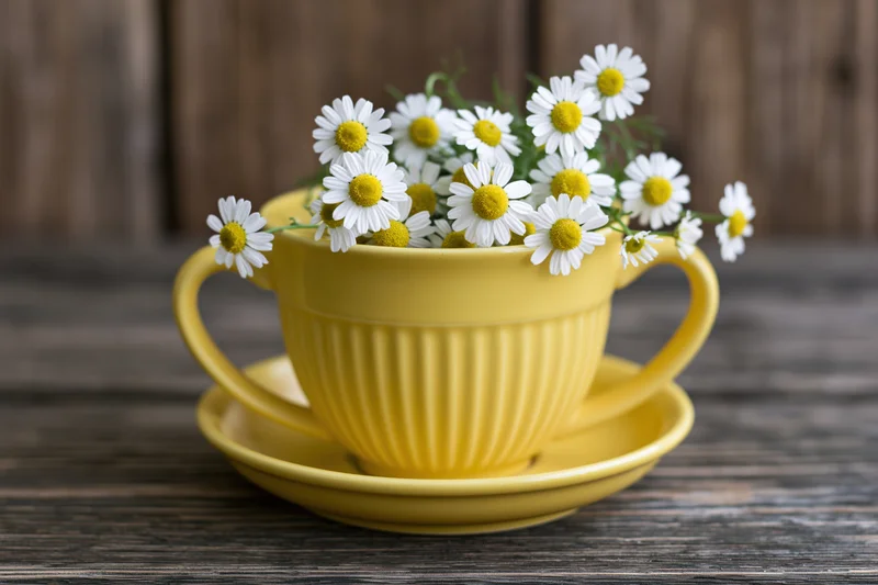 Yellow ceramic cup and saucer filled with chamomile flowers on wooden table