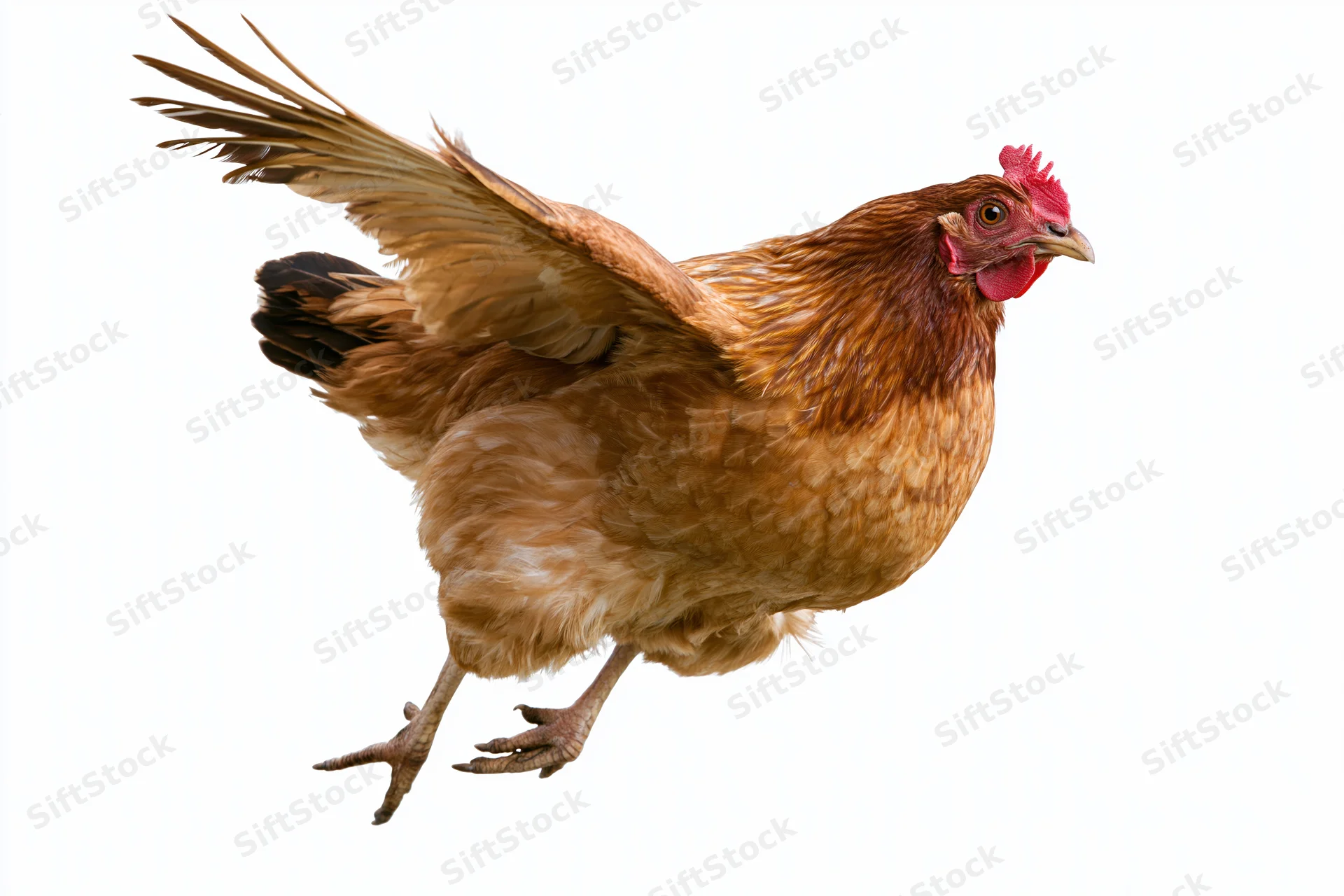 Brown hen in mid-flight with wings spread against white background