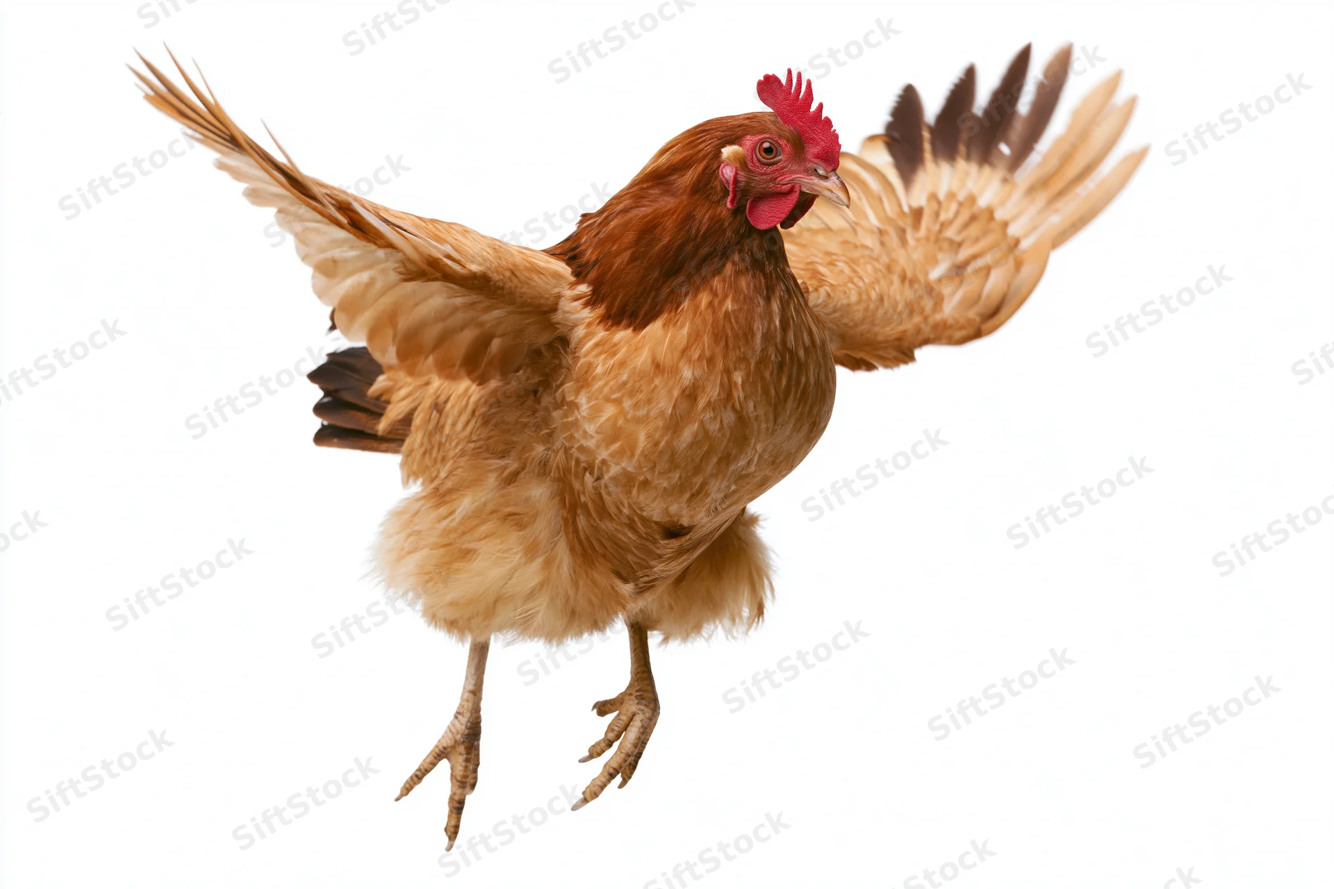 Brown and golden hen mid-flight with wings fully spread against white background