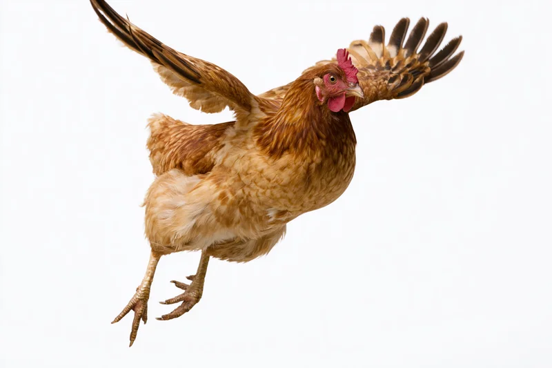 Brown and golden hen in mid-flight with wings fully spread against white background
