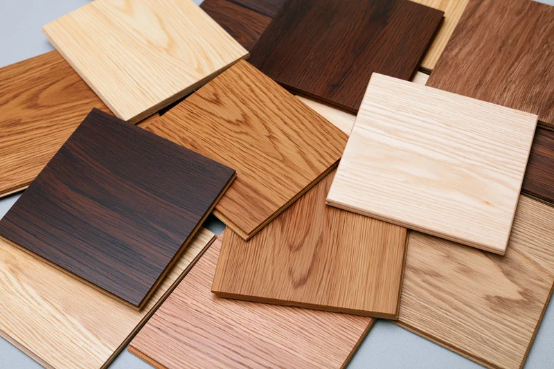 Wood flooring samples arranged in overlapping layers on a flat surface
