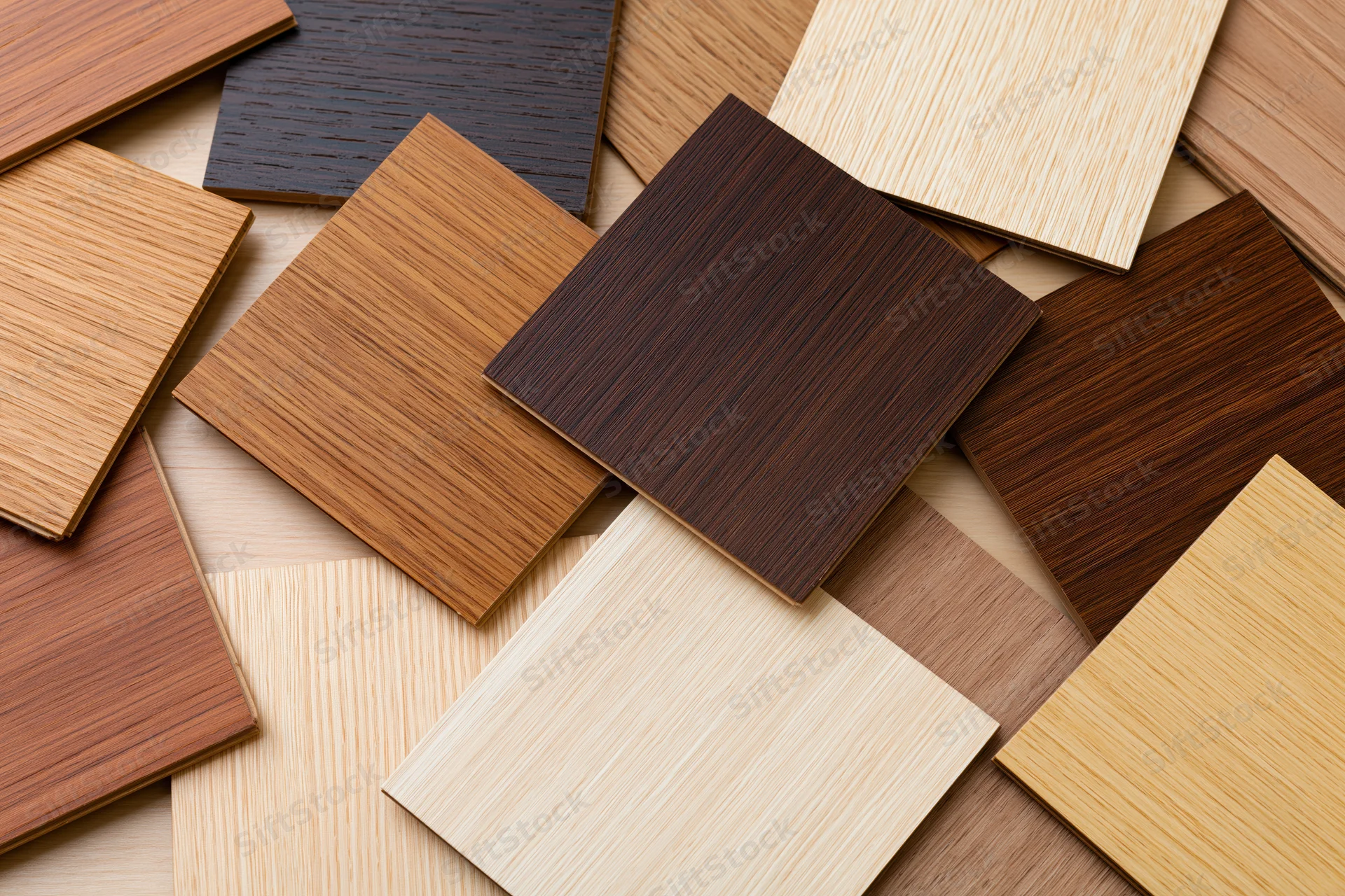 Wood veneer and laminate flooring samples scattered on a surface for selection