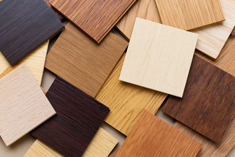 Wood flooring samples scattered in overlapping arrangement on flat surface