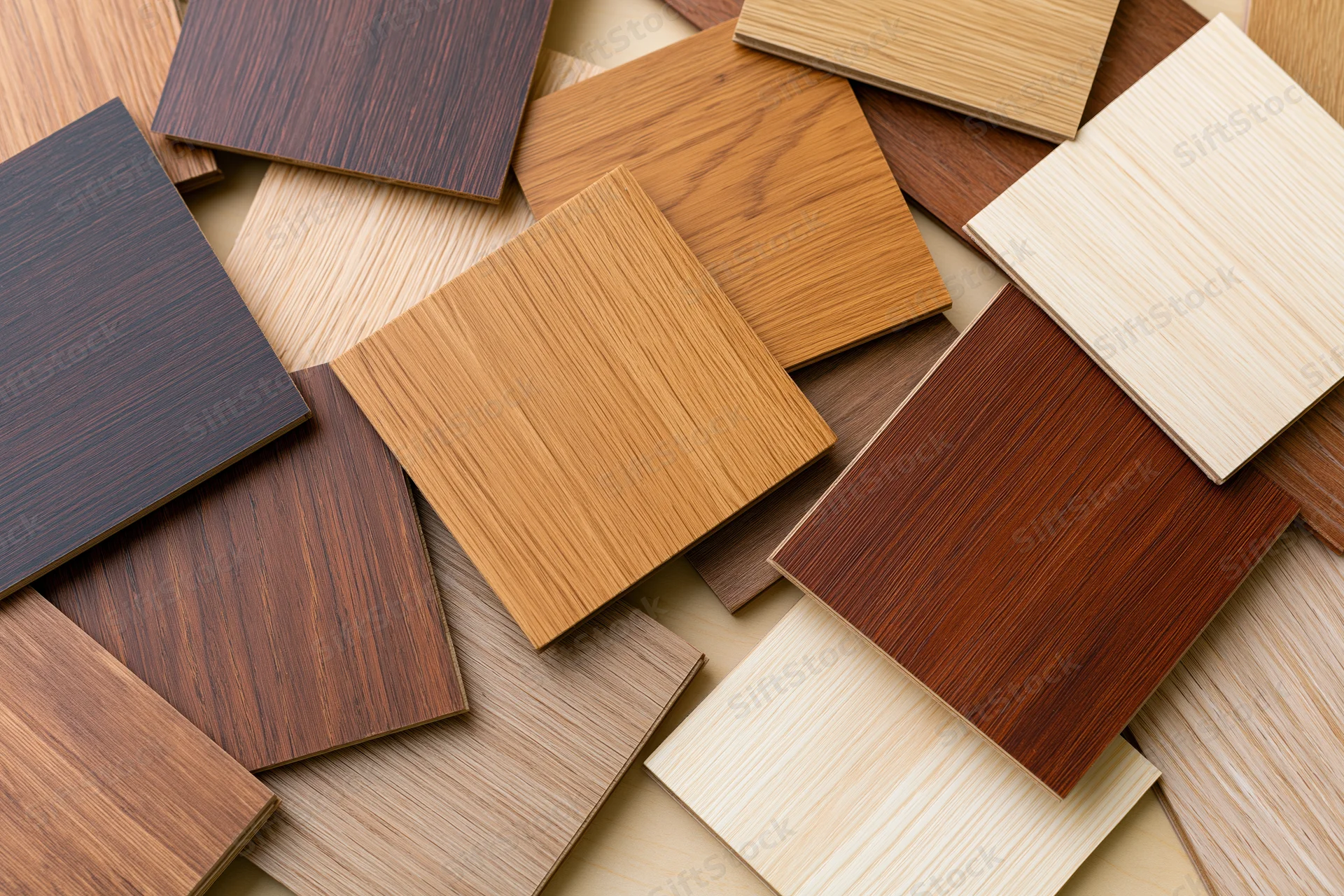 Scattered wood veneer and laminate flooring samples arranged on a flat surface for selection