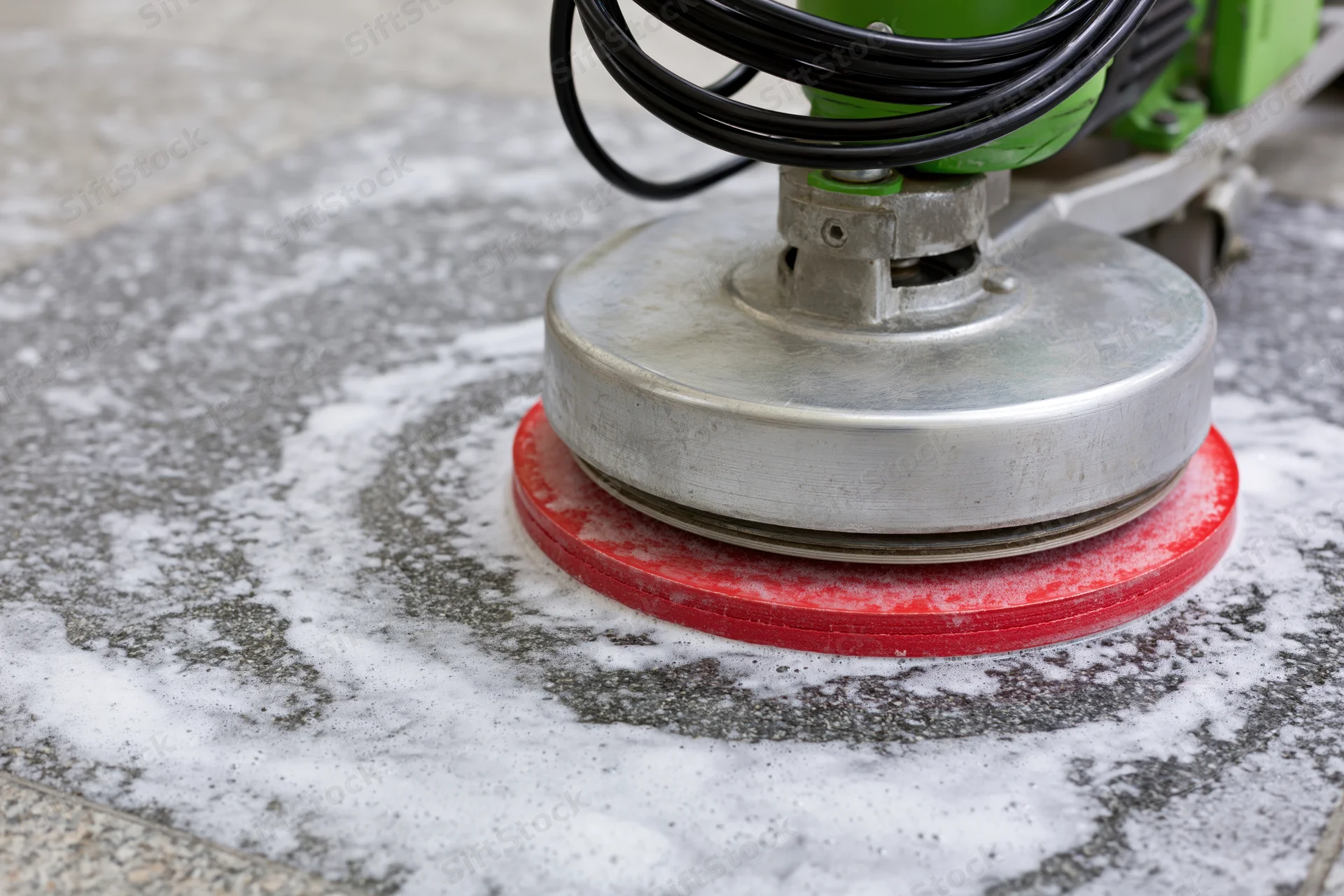 Commercial rotary floor polishing machine with red pad cleaning concrete surface with soapy foam