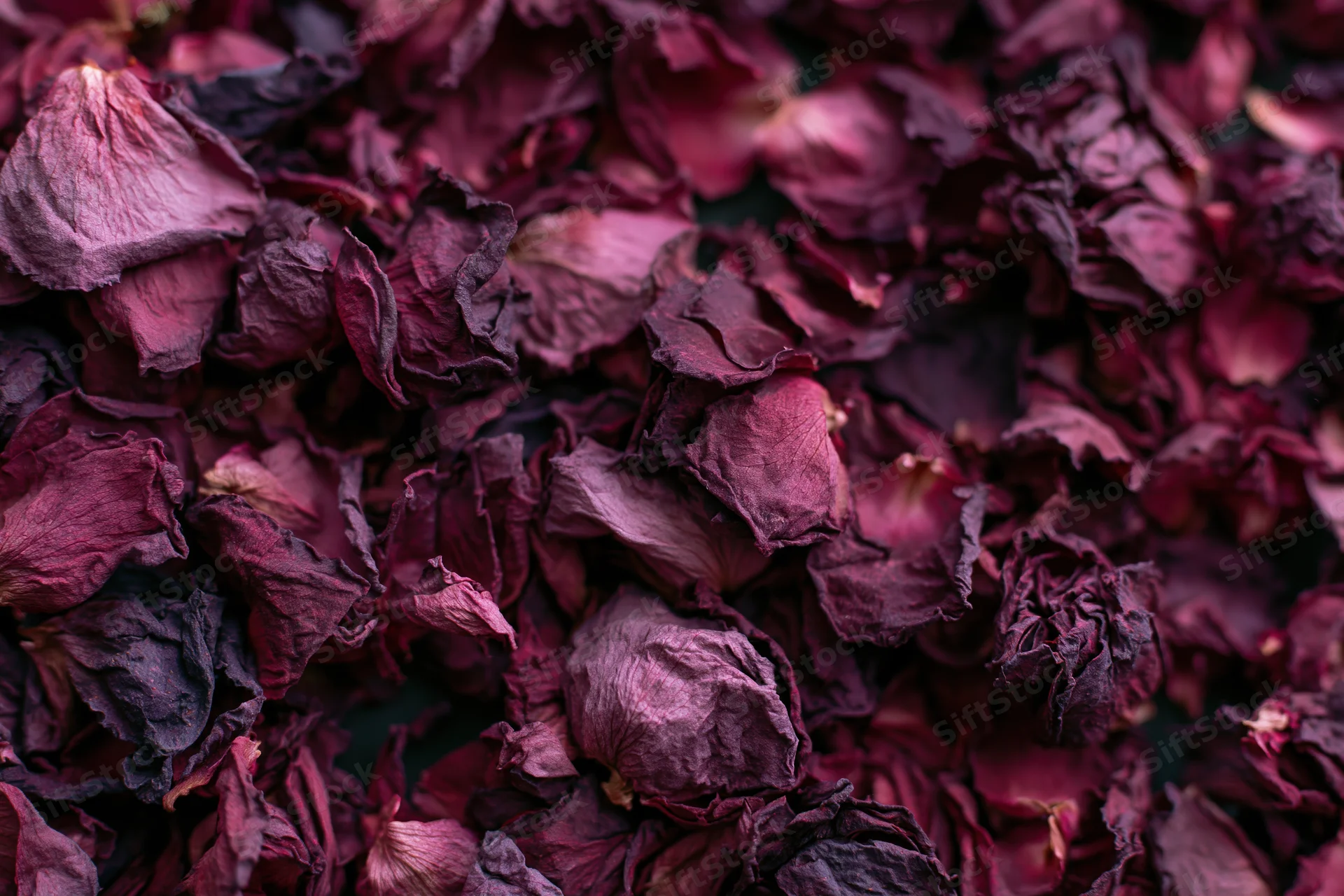 Dense cluster of dried rose petals filling the frame