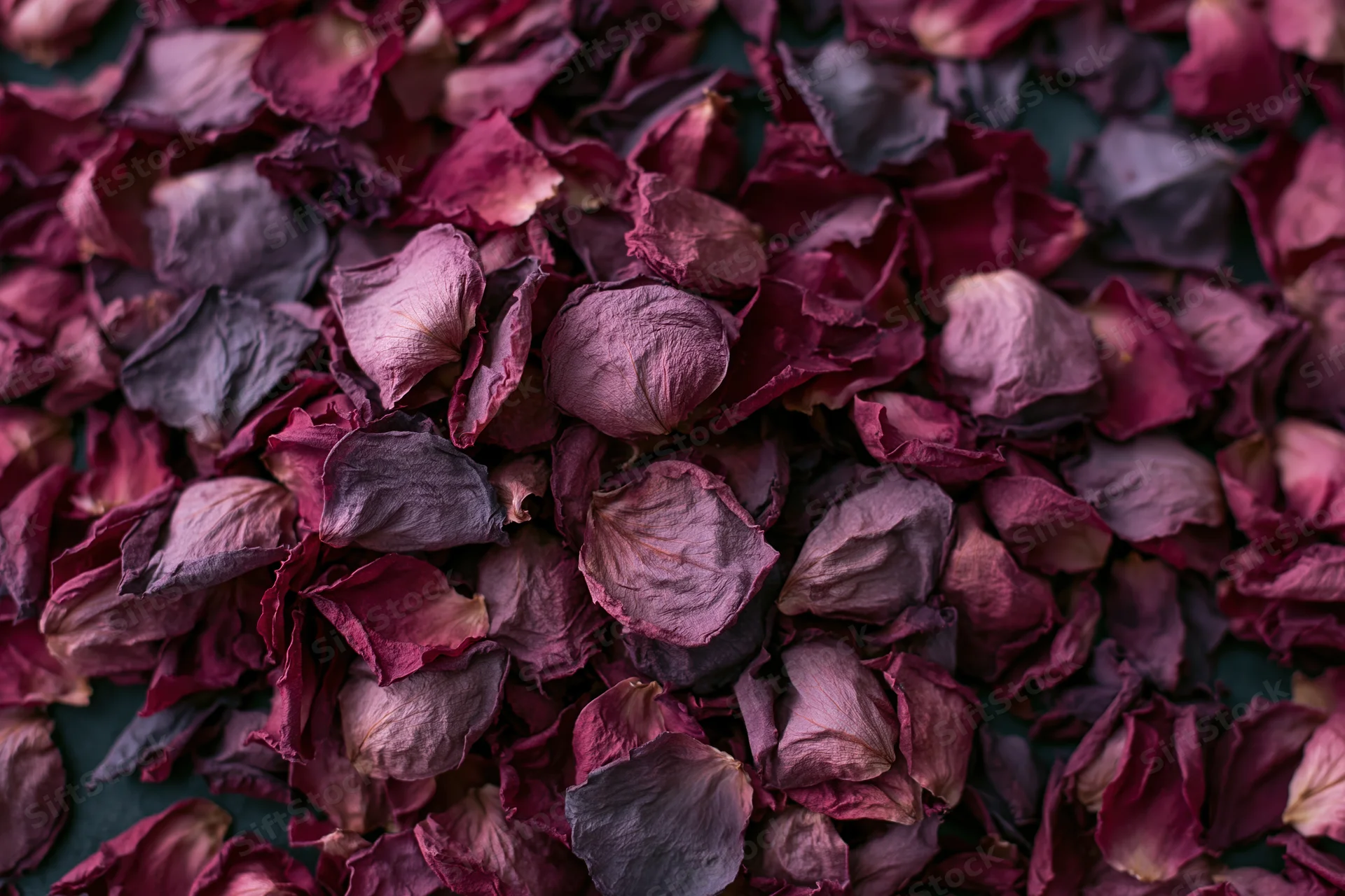 Dried rose petals densely scattered across a dark surface