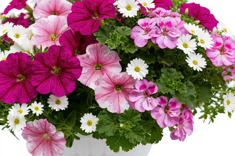 Dense hanging flower basket overflowing with mixed petunias and white daisies in a white container