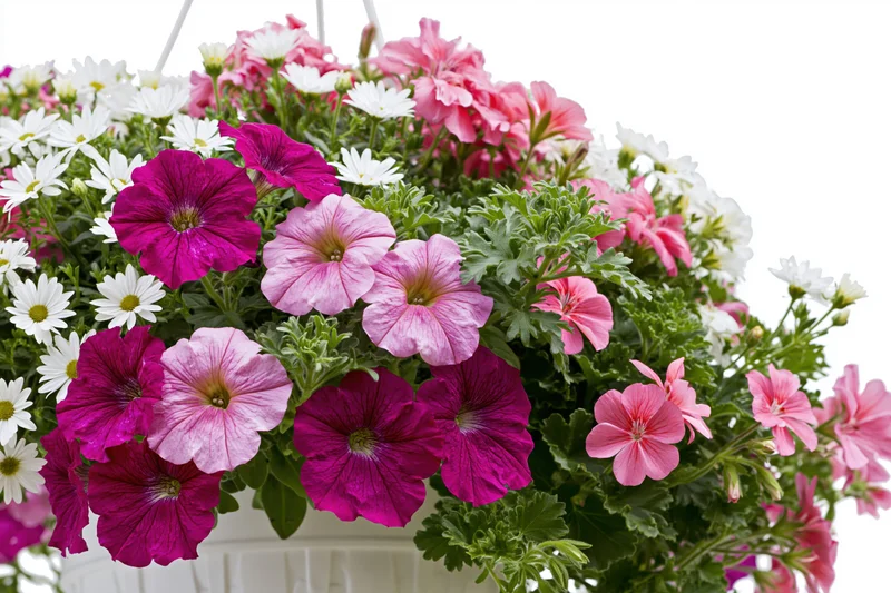 Dense hanging flower basket overflowing with mixed petunias and geraniums in pink, magenta, and white blooms