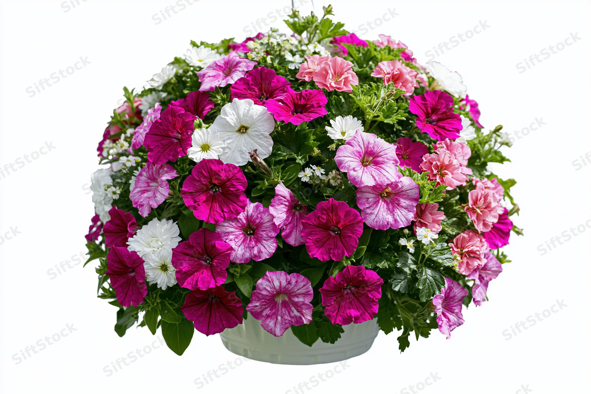 Dense hanging flower basket overflowing with mixed petunias in white ceramic pot