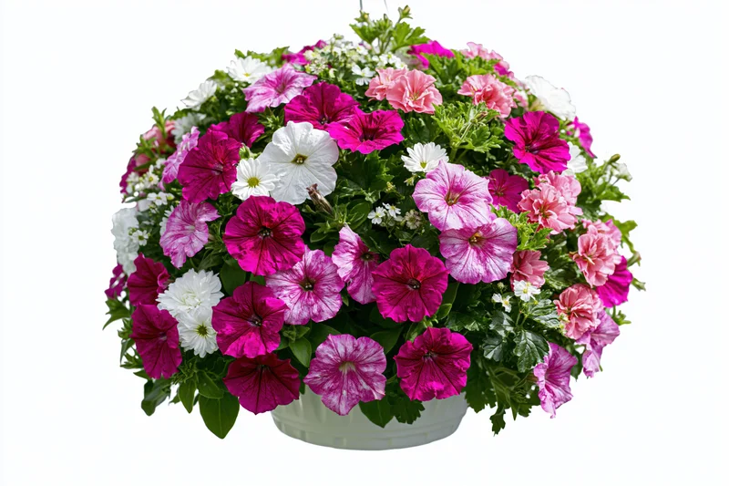 Dense hanging flower basket overflowing with mixed petunias in white ceramic pot