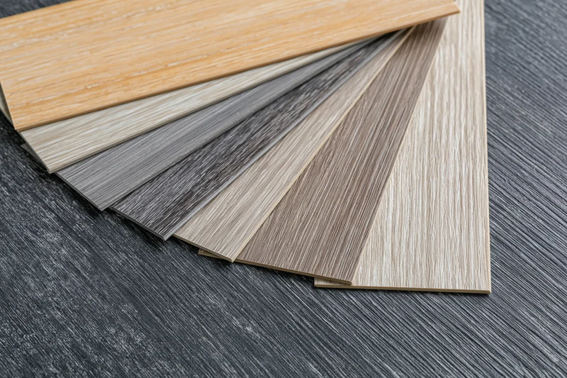 Fan of wood-grain vinyl flooring samples arranged on dark textured surface