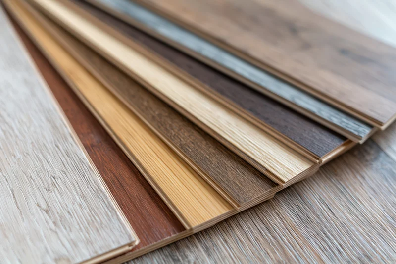 Wood flooring sample boards fanned out in overlapping arrangement on a wooden surface