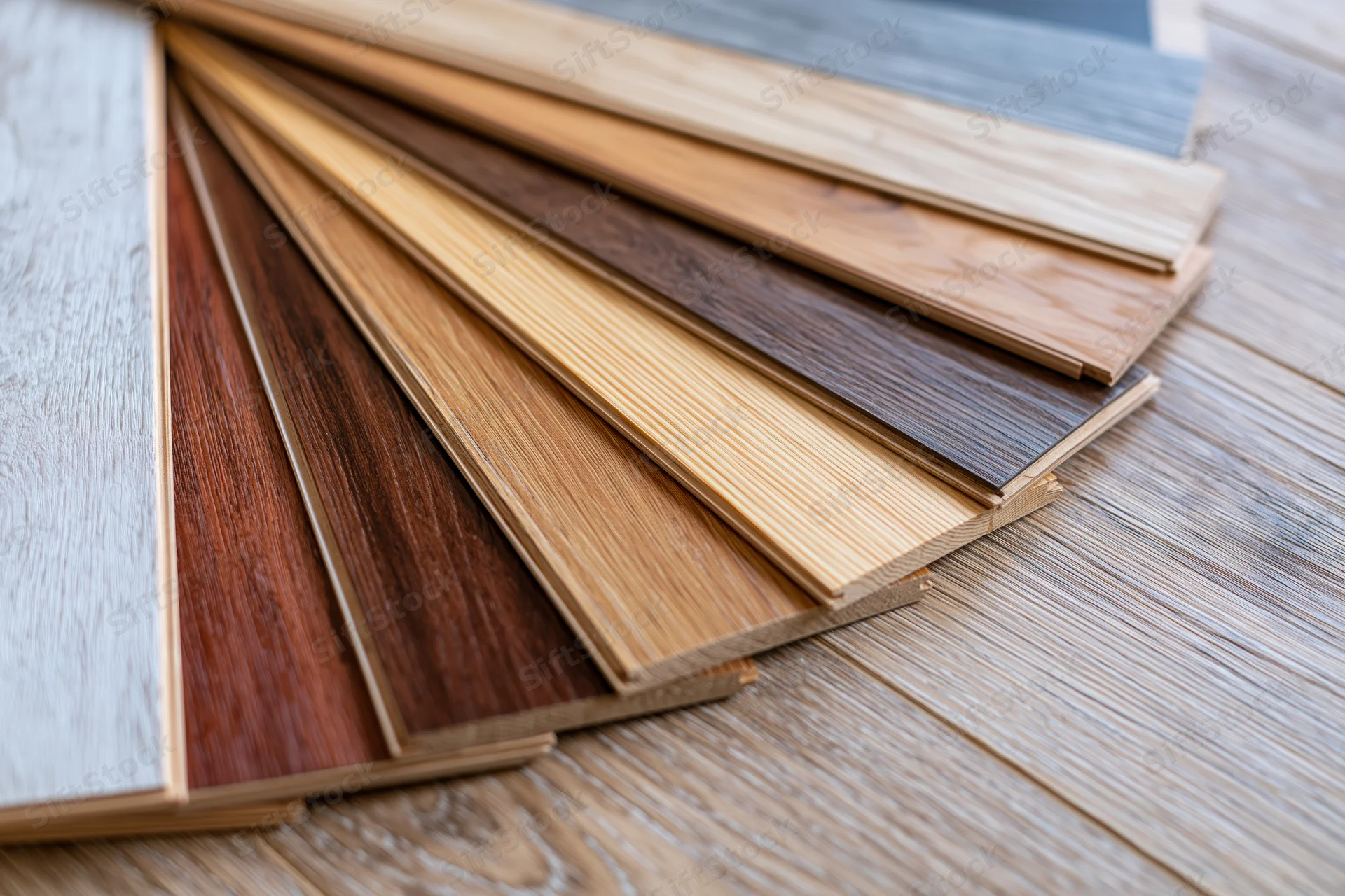 Wood flooring sample boards fanned out in overlapping arrangement on wooden surface
