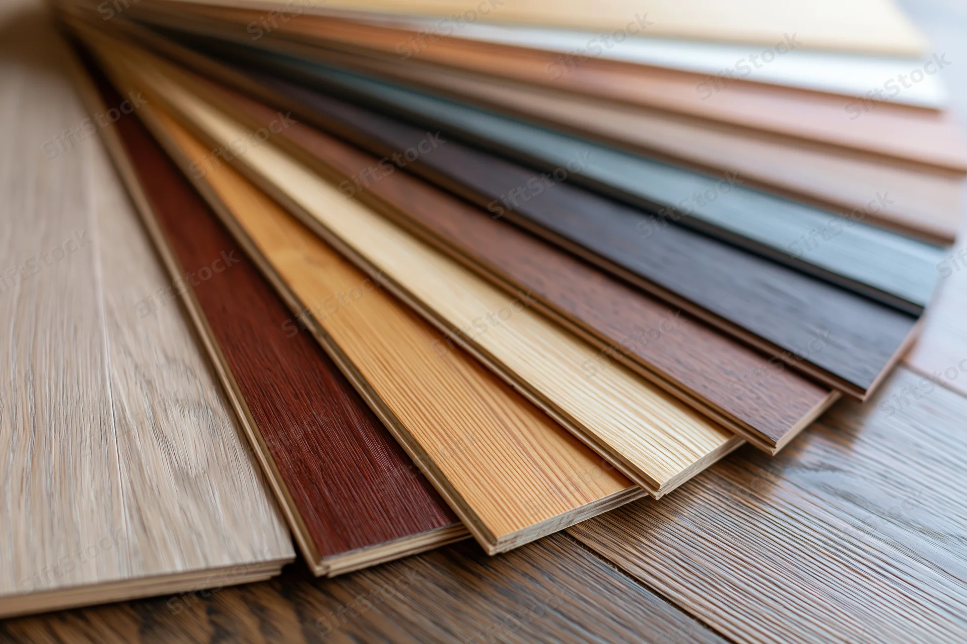 Wood flooring sample boards fanned out in overlapping arrangement on a wooden surface