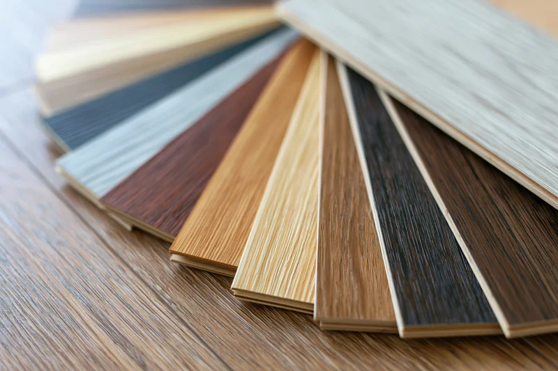 Wood flooring sample boards fanned out in overlapping arrangement on wooden surface