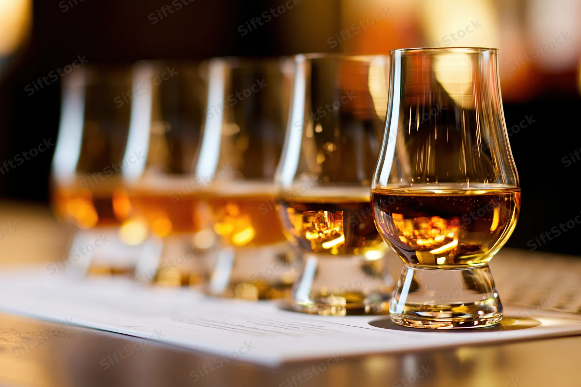 Five glencairn glasses filled with amber whisky arranged in a row on a paper document at a bar table