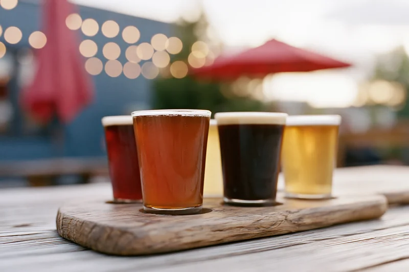 Four craft beers in small glasses arranged on a wooden tray outdoors on a patio at evening