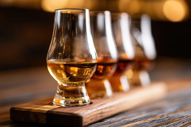 Row of whisky tasting glasses on wooden tray with shallow depth of field