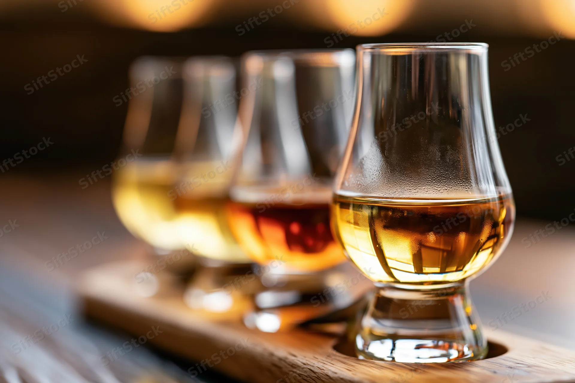 Whisky tasting flight of glasses arranged in a row on a wooden tray with warm lighting and shallow depth of field