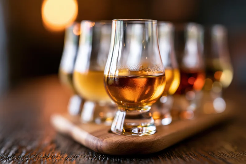 Whisky tasting flight of glasses arranged in a row on a wooden tray