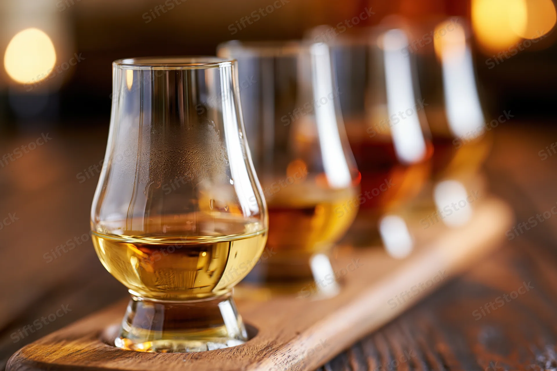 Whisky tasting flight of glasses arranged in a row on a wooden tray