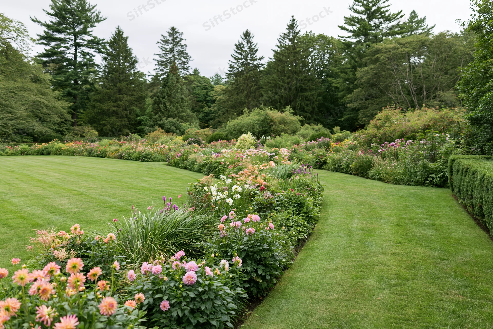Formal garden with dense mixed flower beds in full summer bloom along a curved lawn pathway