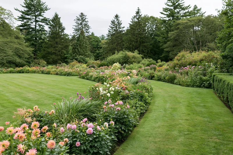 Formal garden with dense mixed flower beds in full summer bloom along a curved lawn pathway
