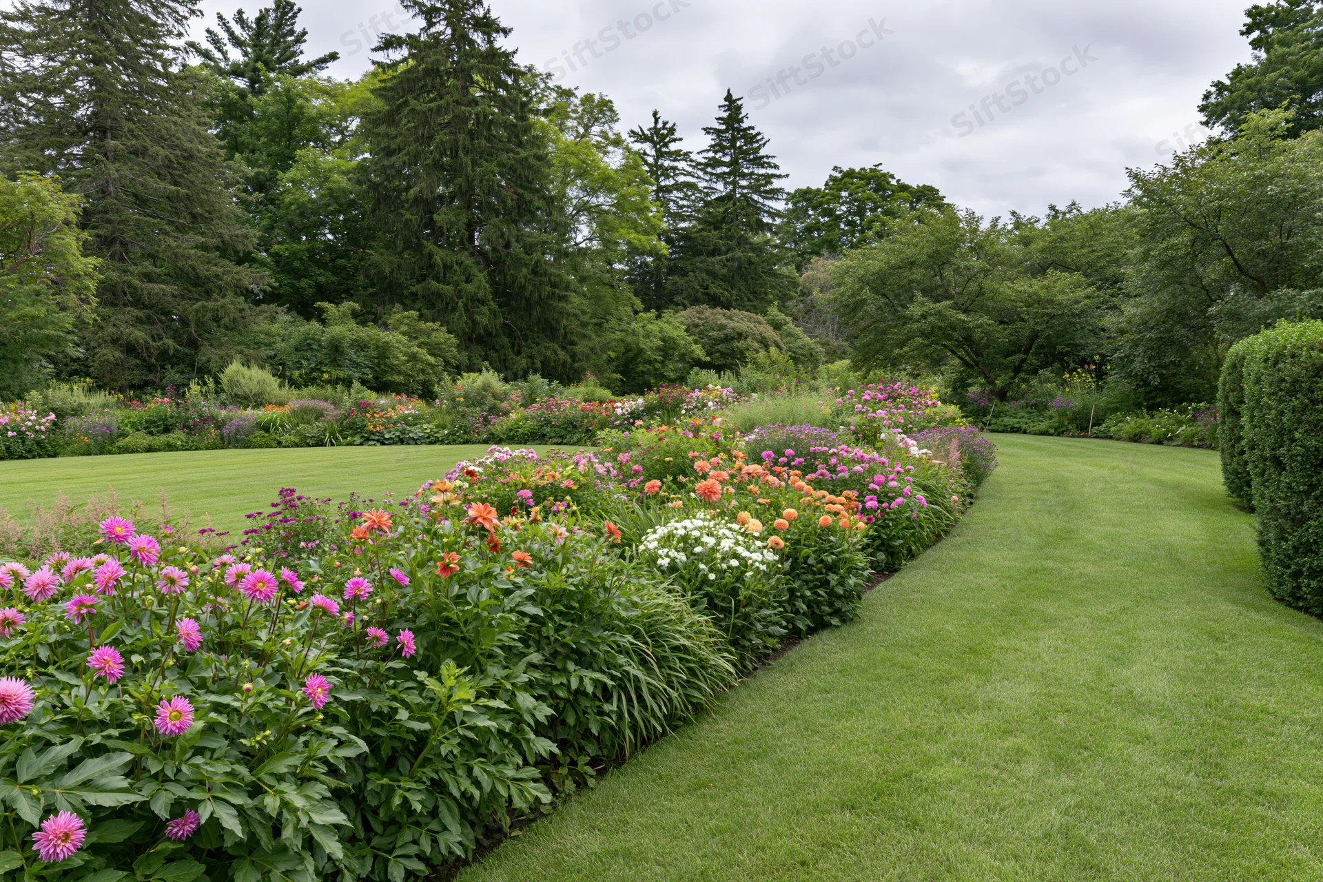 Formal garden with dense mixed flower beds in full summer bloom along a curved lawn path