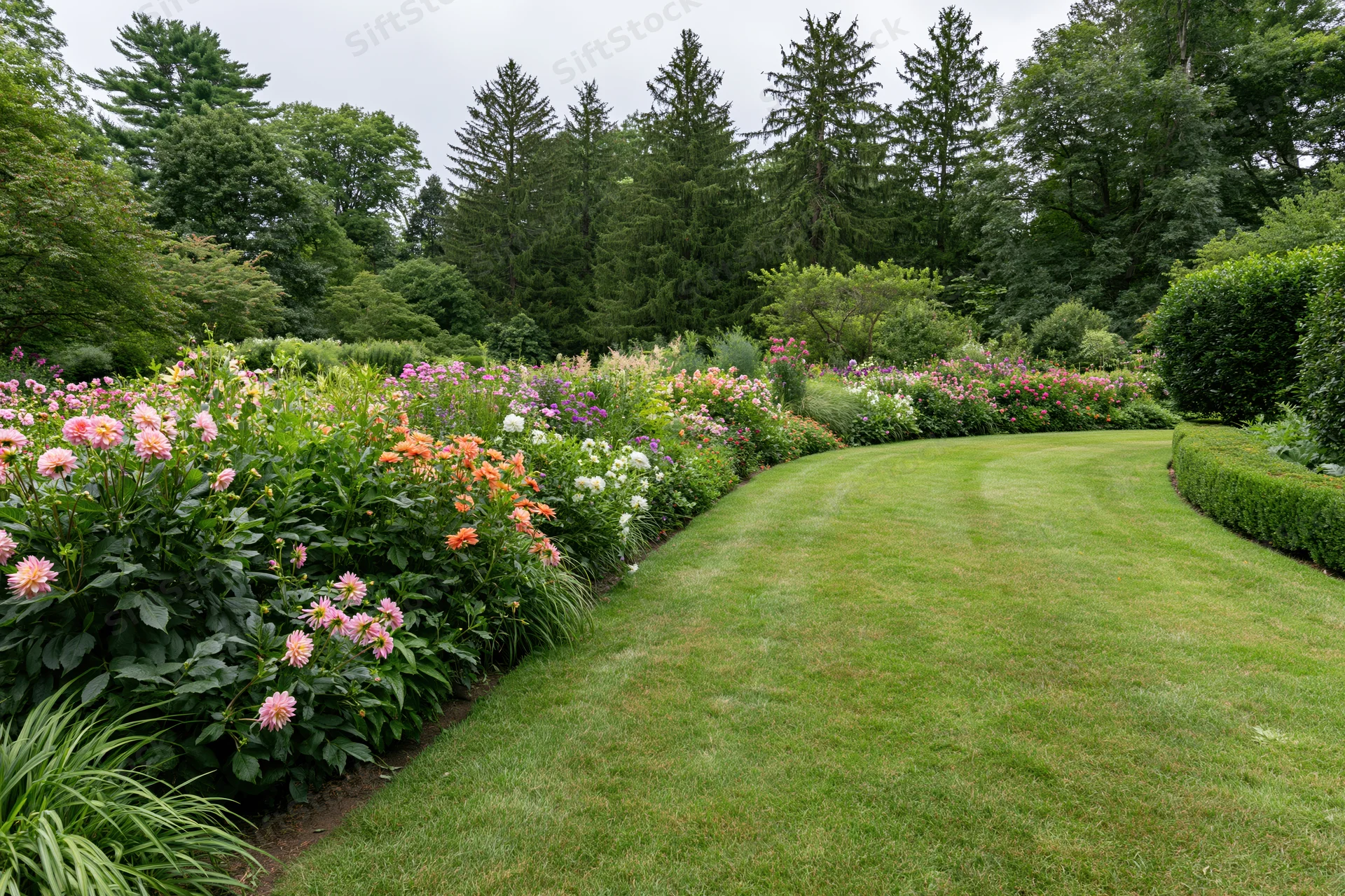 Curved lawn bordered by dense mixed flower beds in full summer bloom