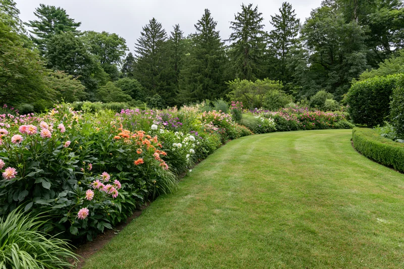 Curved lawn bordered by dense mixed flower beds in full summer bloom