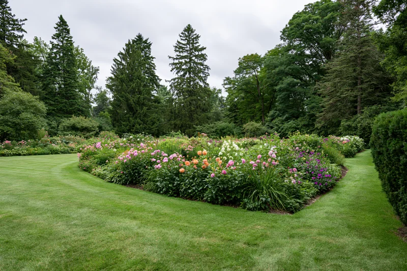 Formal garden with dense mixed flower beds in full summer bloom surrounded by lawn and evergreen trees