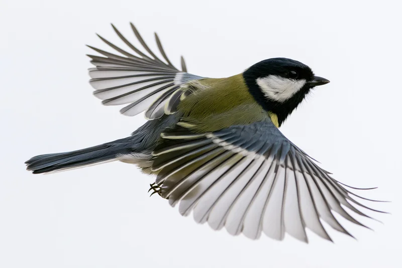 Great tit in mid-flight with wings fully spread against white background