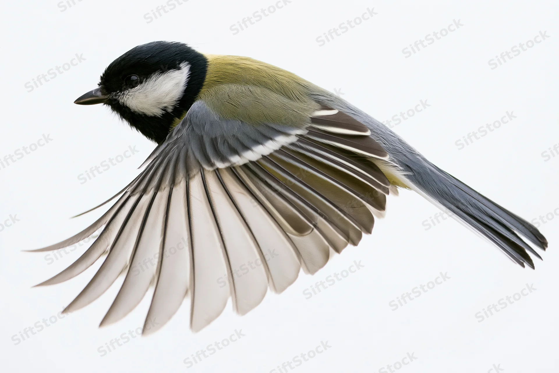 Great tit in mid-flight with wings fully spread against white background