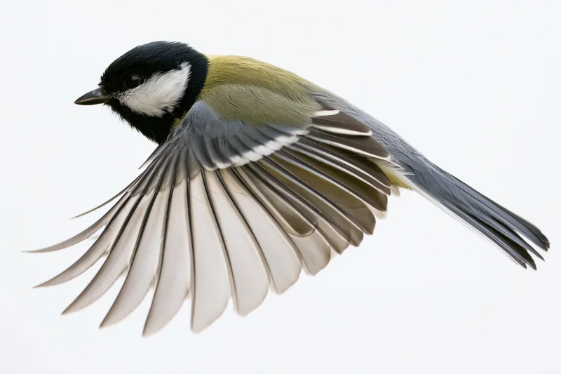 Great tit in mid-flight with wings fully spread against white background