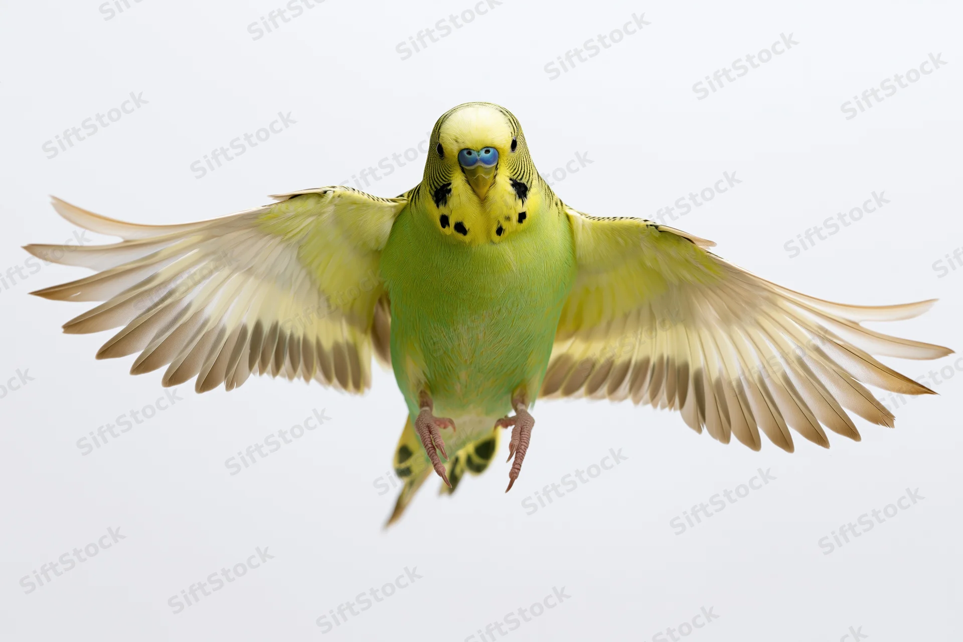 Green and yellow budgerigar parakeet in mid-flight with wings spread against white background