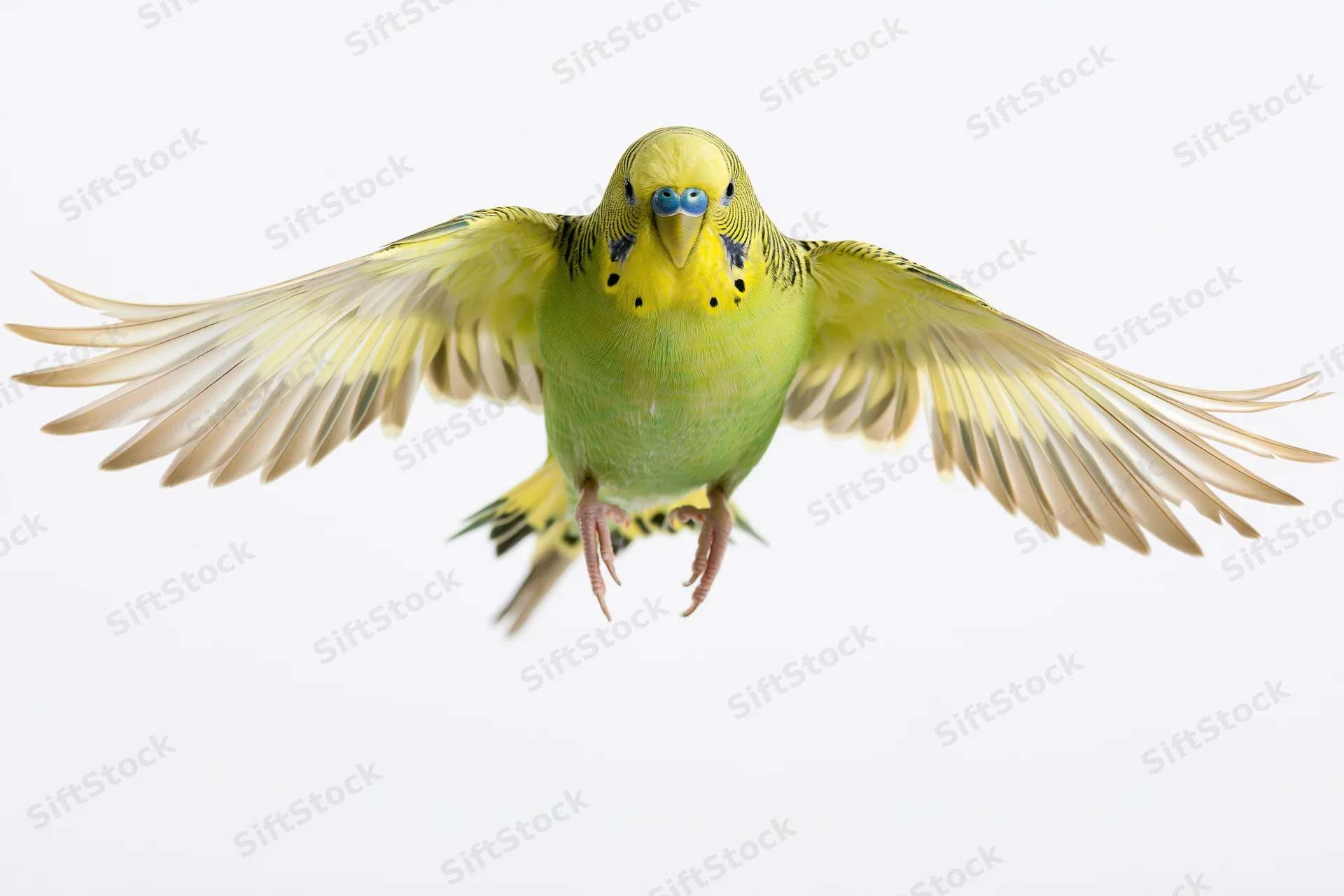 Green and yellow budgerigar parakeet in mid-flight with wings spread against white background