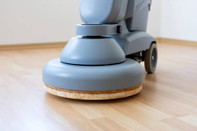 Gray-blue commercial floor polishing machine resting on light hardwood flooring in an indoor space