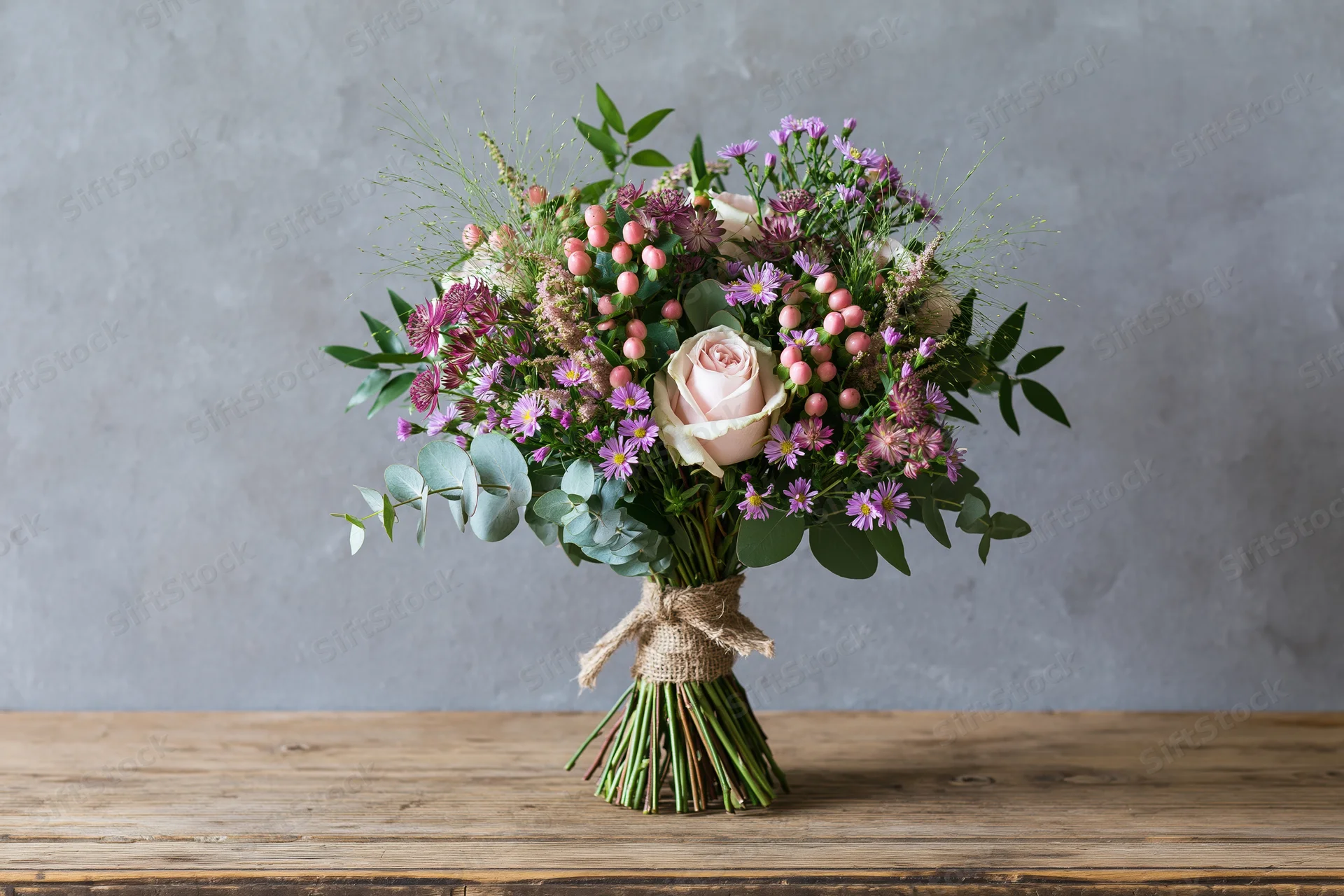 Hand-tied wildflower bouquet with roses and eucalyptus on wooden surface against gray background