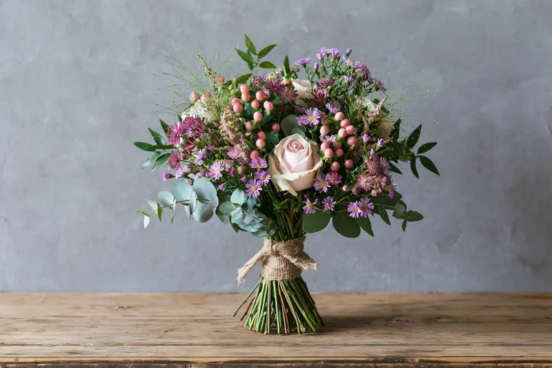 Hand-tied wildflower bouquet with roses and eucalyptus on wooden surface against gray background