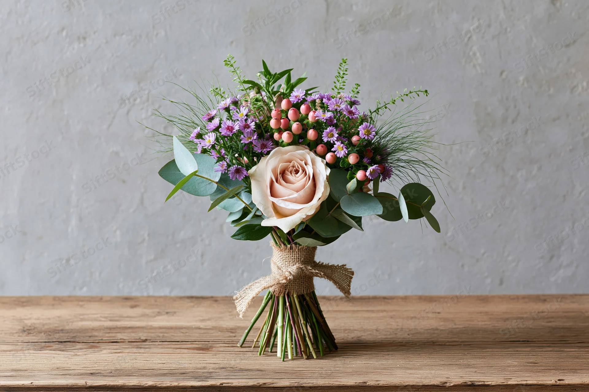Hand-tied wildflower bouquet with rose and eucalyptus standing upright on wooden table