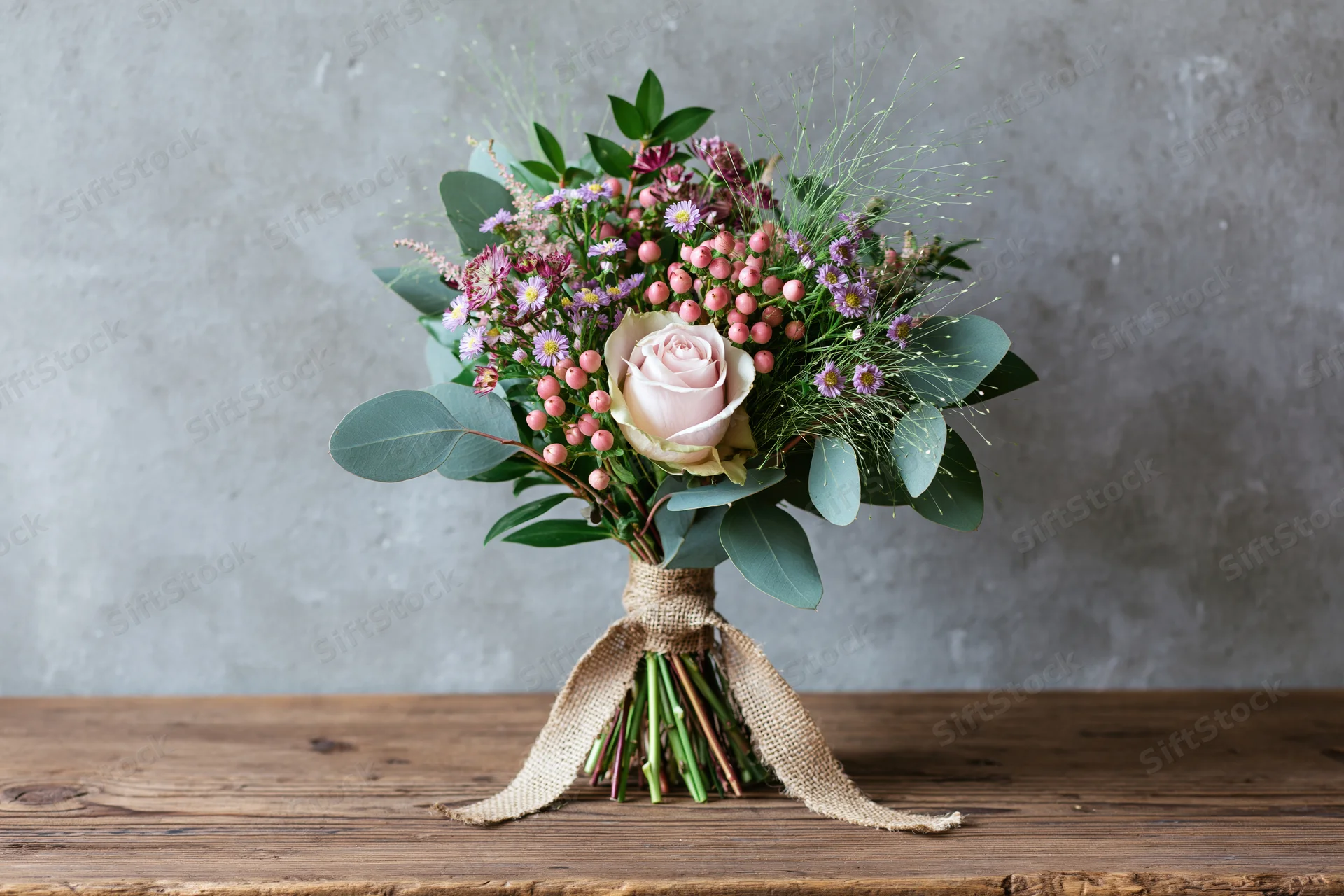 Hand-tied wildflower bouquet with pink rose and eucalyptus on wooden surface