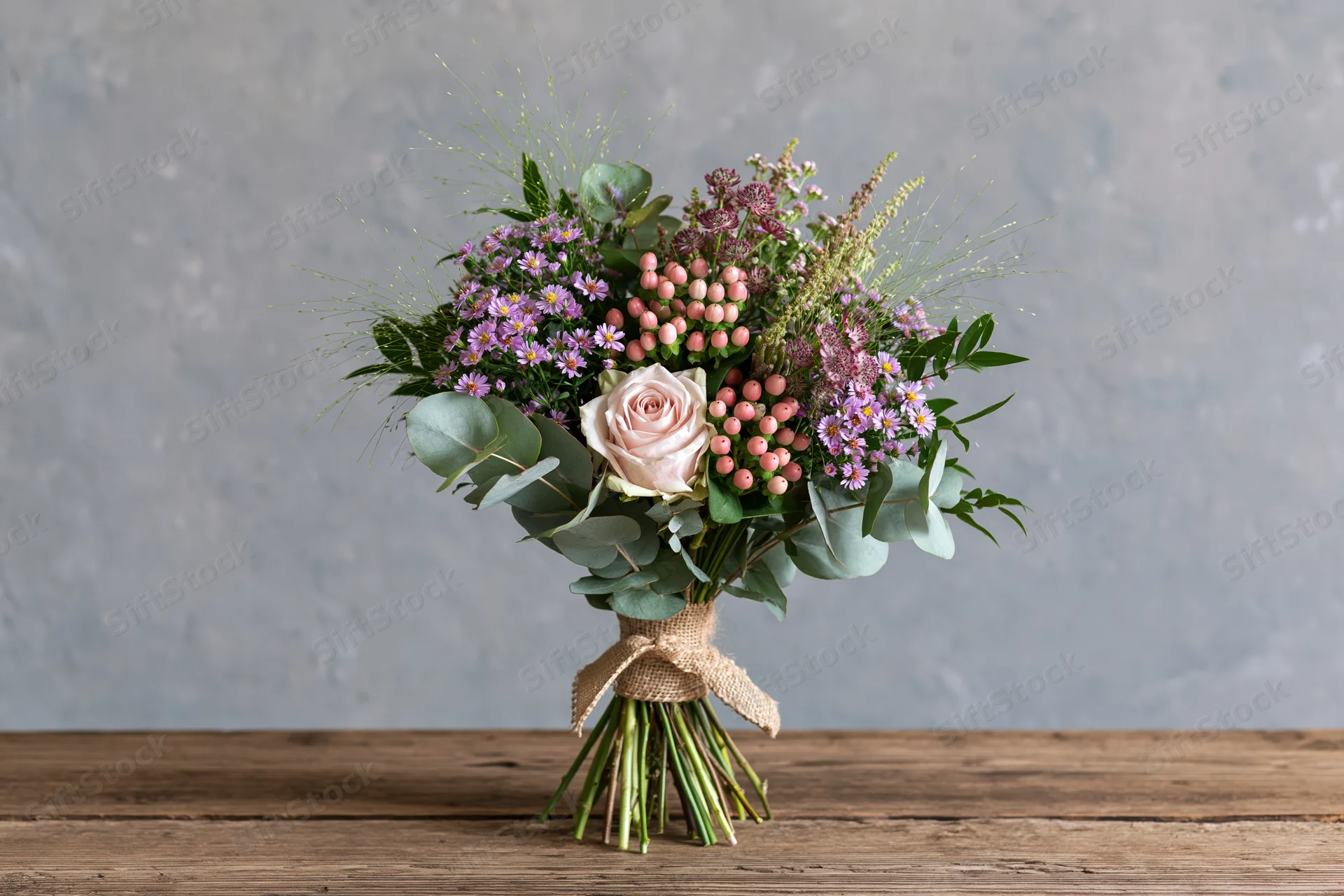 Hand-tied wildflower bouquet with roses and eucalyptus on a wooden surface