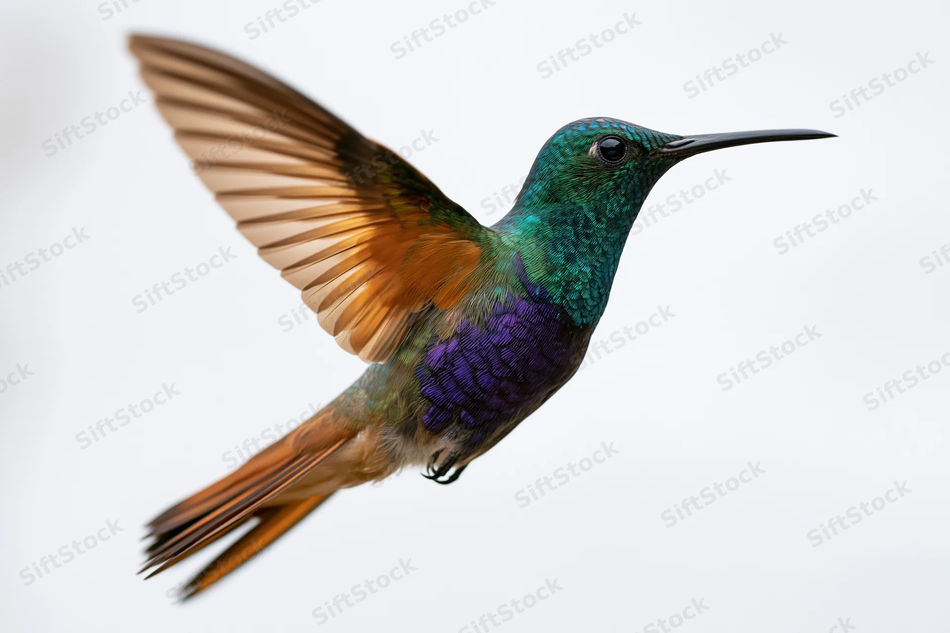 Hummingbird hovering mid-flight with wings fully spread against white background